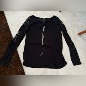 Free People Black Long-Sleeve Crochet Sleeve Top